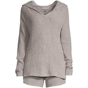 Barefoot Dreams CozyChic Ultra Lite Rib Knit Hoodie Sweater Small Tan